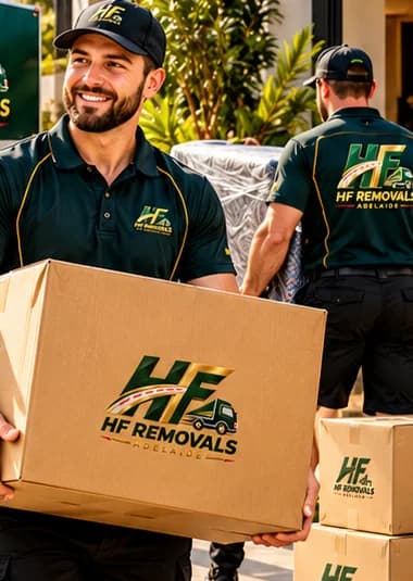Smiling HF Removals mover carrying an HF-branded moving box with a crew mate and furniture behind