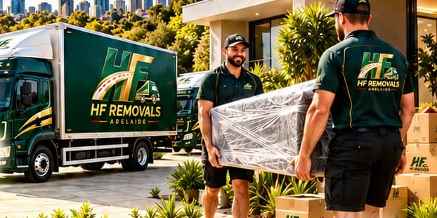 HF Removals truck and crew carrying wrapped furniture at a customer's home