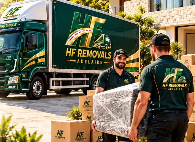 HF Removals HR 16 ton truck and two movers carrying wrapped furniture outside a large Adelaide home