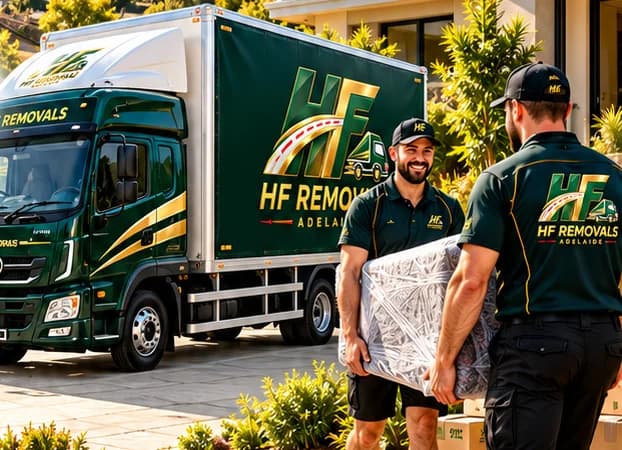 HF Removals MR 12 ton truck with two movers carrying wrapped furniture in a suburban street