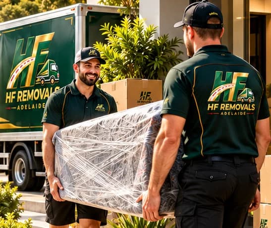 HF Removals crew carrying wrapped furniture past the Small 8 ton truck outside an Adelaide apartment building