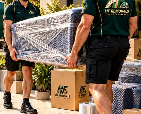 Two HF Removals movers carrying a mattress wrapped in protective film past stacked HF boxes and moving blankets
