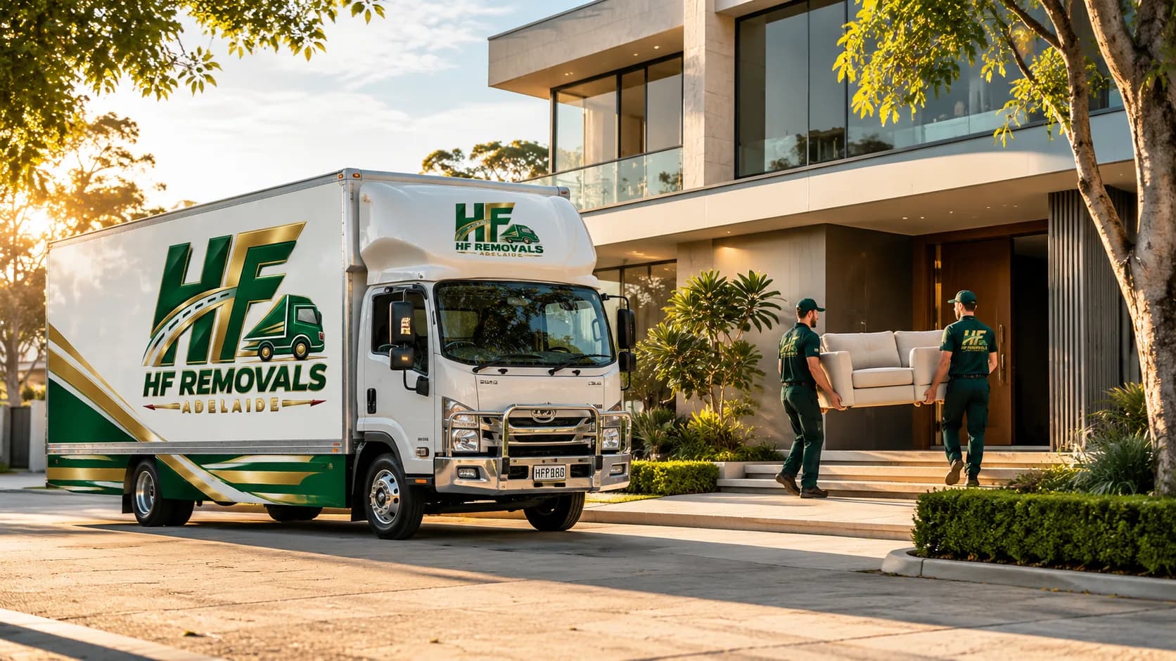 HF Removals Adelaide truck parked at a home while two movers carry a sofa to the door